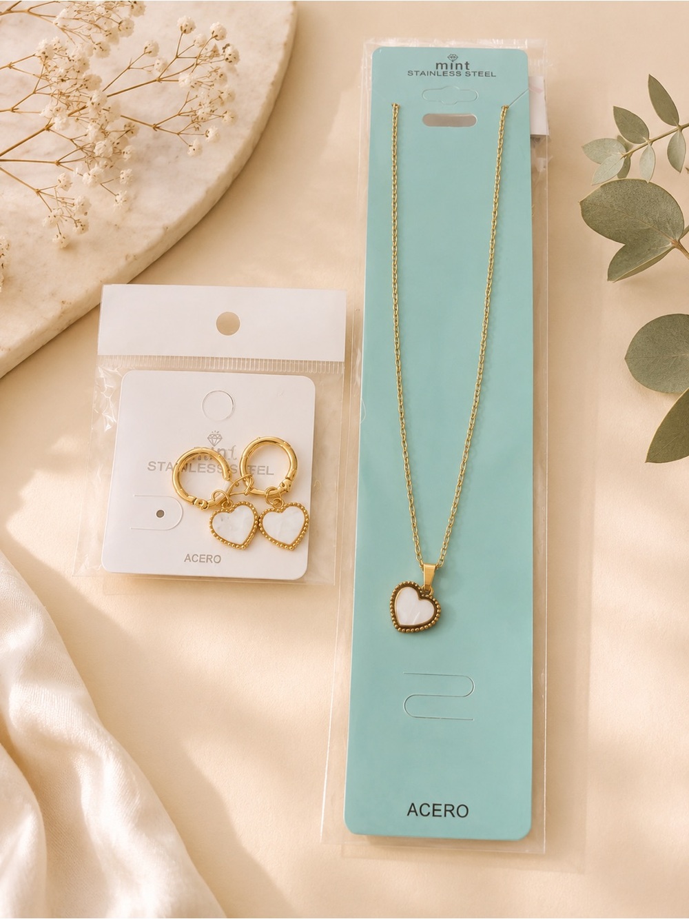 White heart necklace with matching earrings white and gold stainless steel